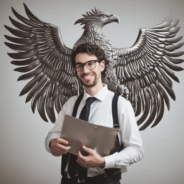 An employer stands guard, shield in hand, signifying protection. Nearby, a phoenix rises from ashes, symbolizing rebirth and insurance processing.