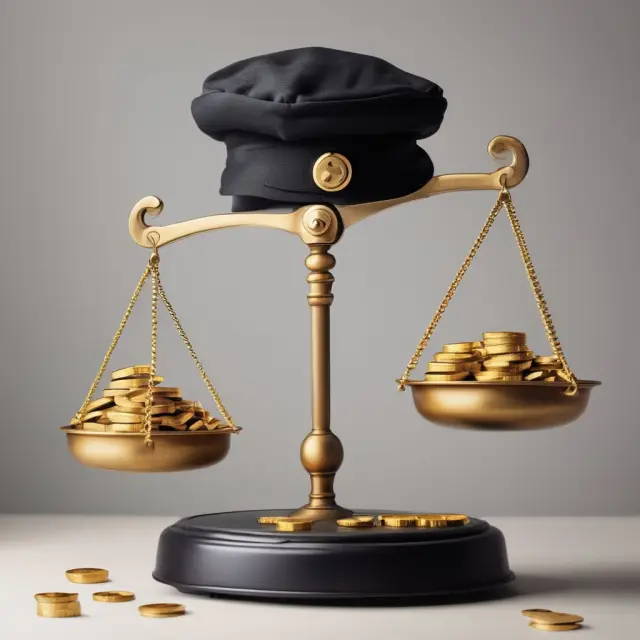 A set of golden scales weighs a hardhat, symbolizing the fair assessment of Workers