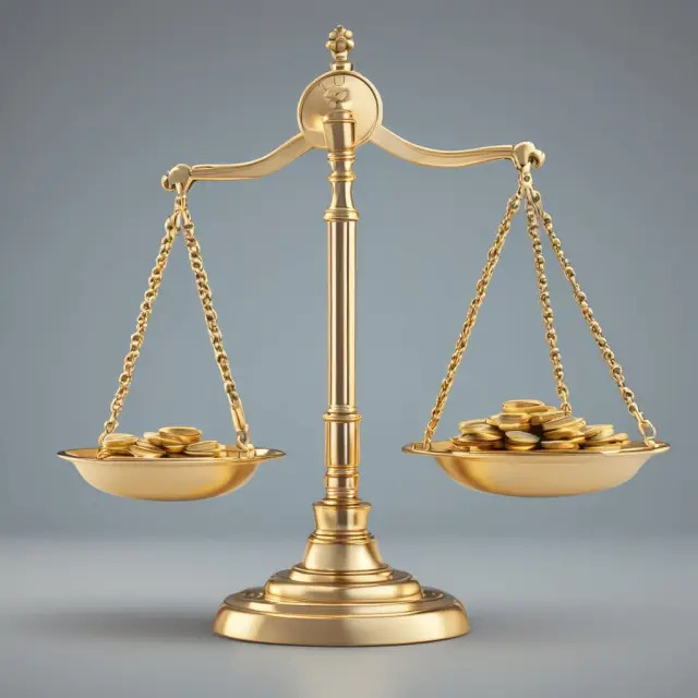 Golden scale with coins symbolizing wages and medical expenses, balancing over workers