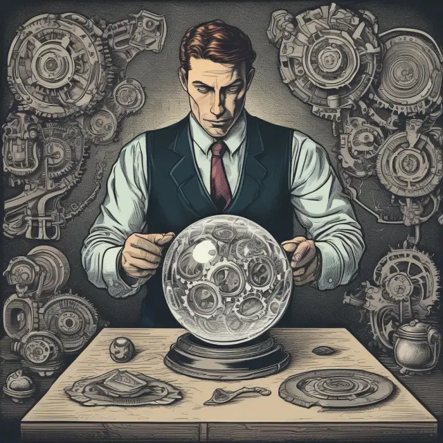 An employer evaluating risks through a crystal ball, surrounded by gears in motion, representing the process of purchasing and managing Workers