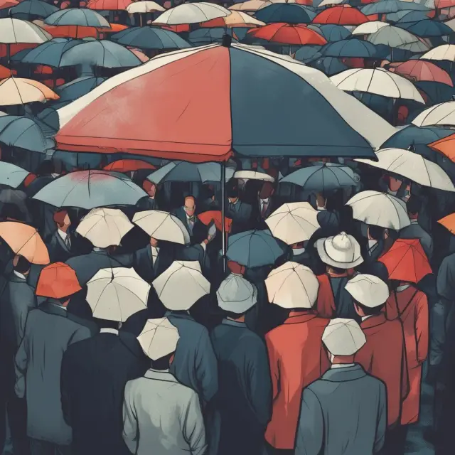 Workers gather under an umbrella made from the waiver of right to sue in a metaphorical depiction of workers