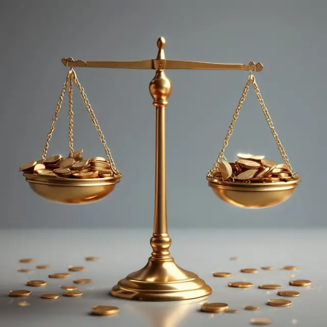 Golden scale balancing salary replacement benefits (coins) against lost wages, with state-mandated minimums setting the weight.