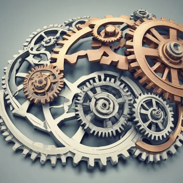 A train made of interconnected gears representing Total Quality Management (TQM) continuously improving business processes through a digital landscape.