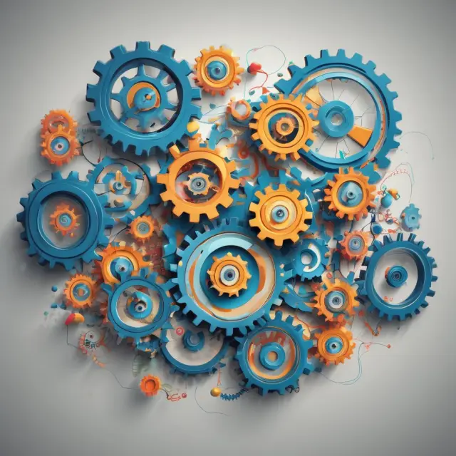 Interconnected gear cogs forming a digital workflow management network