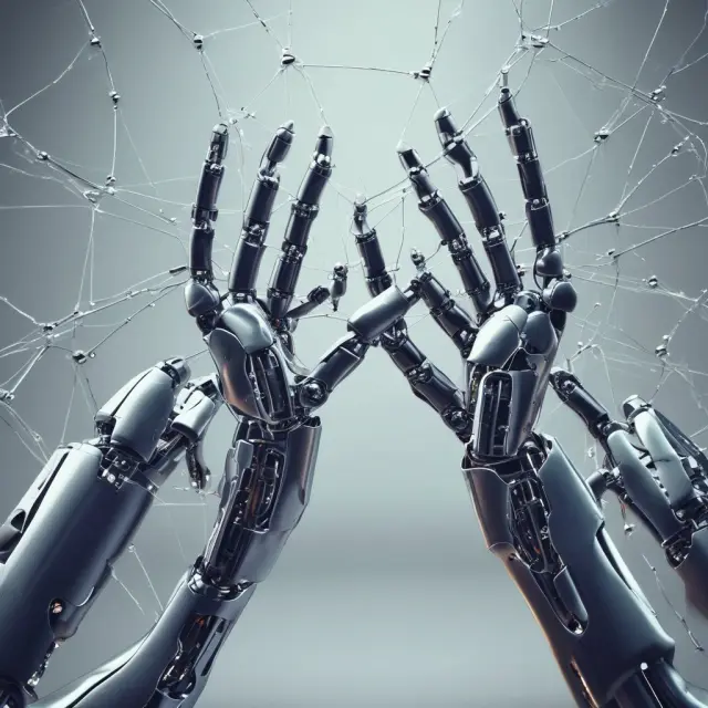 A robot arm intertwining data points with AI, representing the future of data-driven workflow management.