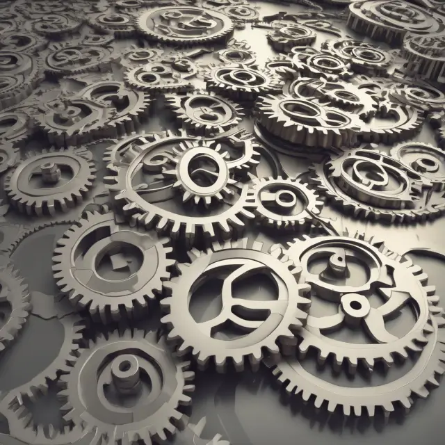 River of continuous improvement flowing between interlinked gears, illustrating the benefits of optimizing workflows in an organization.