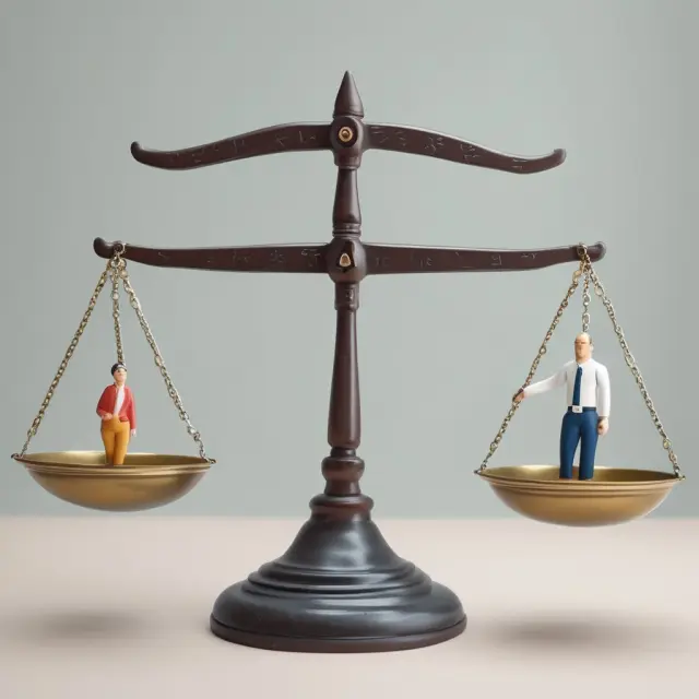 A set of scales teetering on an axis, depicting a balanced working-age population in various stages of life, promoting economic growth and stability