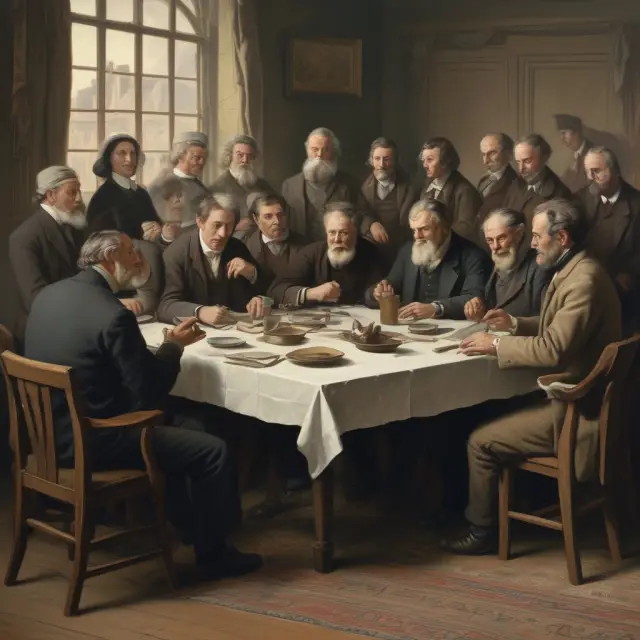A diverse gathering of historical and contemporary working-class individuals discussing different sociological theories surrounding their identity and experiences.