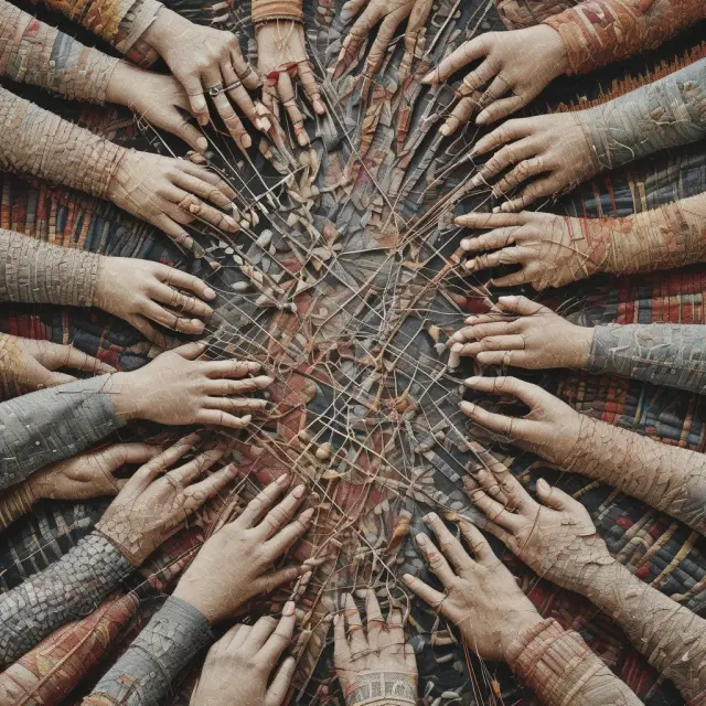 A vibrant, multicultural tapestry with a diverse range of hands weaving threads, symbolizing the contemporary working class