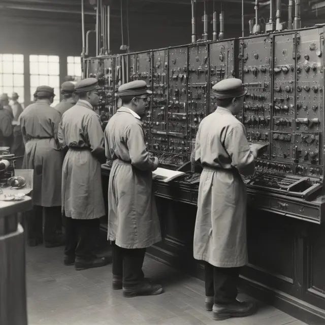 Workers transitioning from factories to service counters, symbolizing the shift in economic sectors and socioeconomic roles.