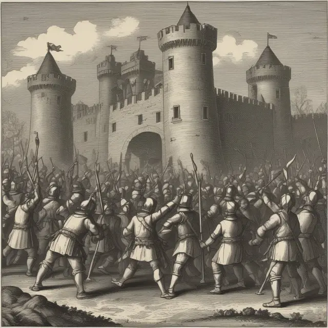 A scene of peasants rallying together to storm a castle, challenging the rigid social hierarchy during feudal Europe.