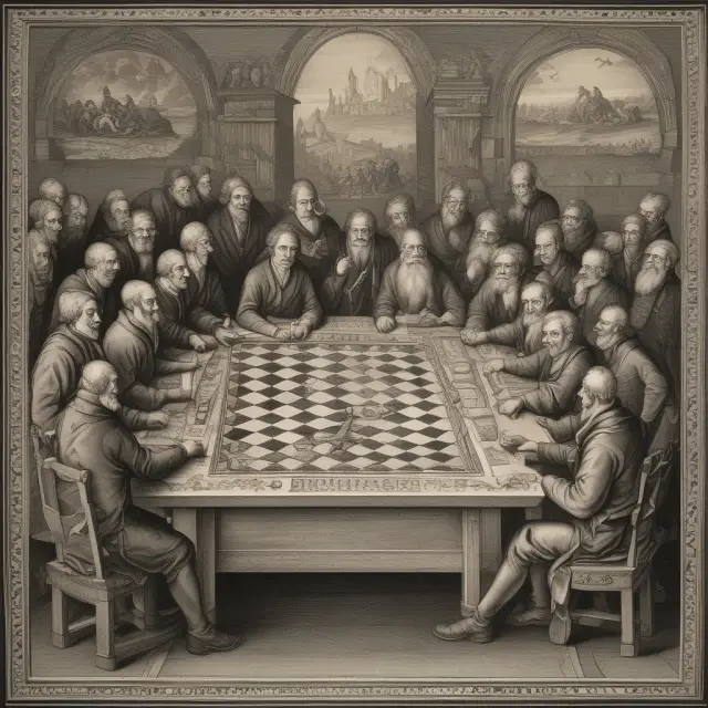 An enlightenment era debate between philosophers, symbolized as figurines, over the working class