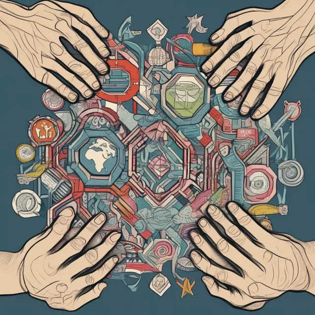 Three hands, one each from Europe, America, and Asia, weaving together on a large loom, symbolizing global working class unity