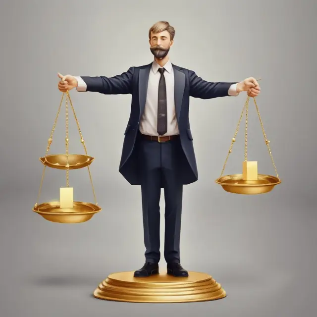 A person holding a golden scale, balancing shares on one side and control on the other, symbolizing working control in corporate governance.