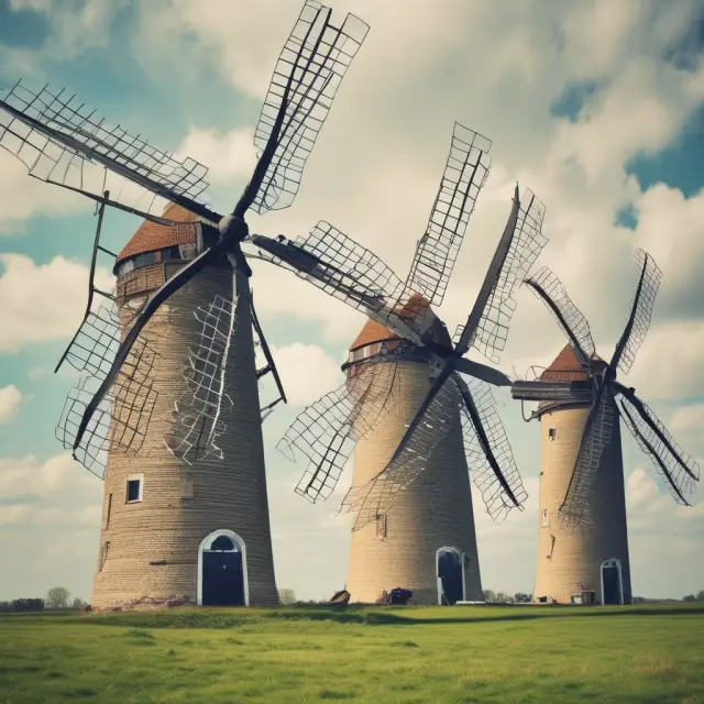 Five windmills symbolizing common misconceptions about Working Tax Credit. The truth stands as a beacon, dispelling each myth.