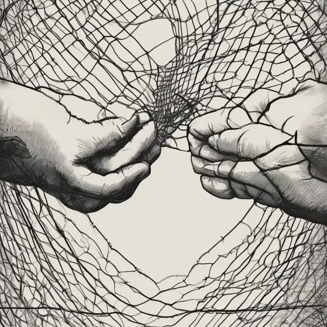 A handcrafted safety net made of interwoven threads labeled 