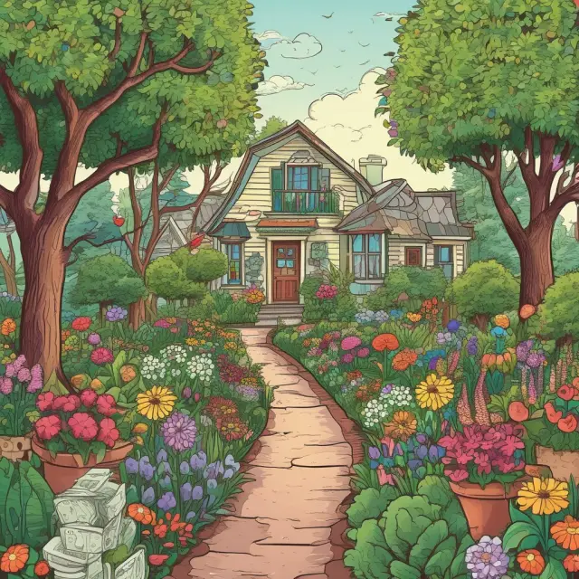 A lively garden filled with cash, receivables, inventory, prepaid expenses, and short-term investments, symbolizing the dynamic nature of current assets.