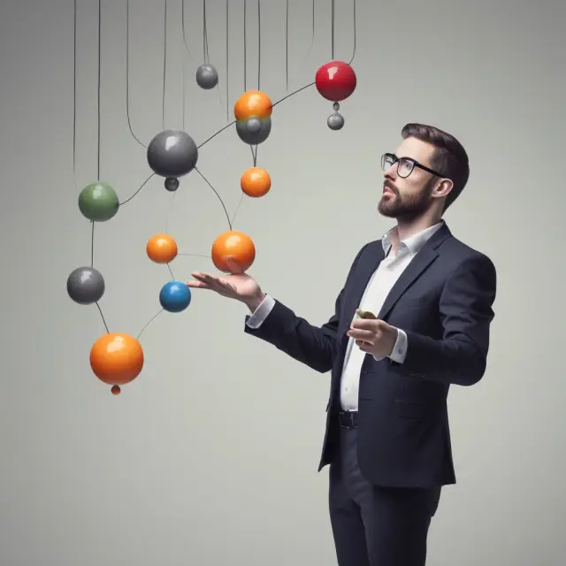 A juggler performing intricate tricks with three labeled working capital balls, symbolizing various industries and their unique operating cycles.