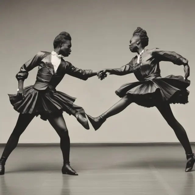 Two dancers engaged in a rhythmic dialogue, representing interest rates (male) and repayment terms (female), embodying the delicate balance between borrowers