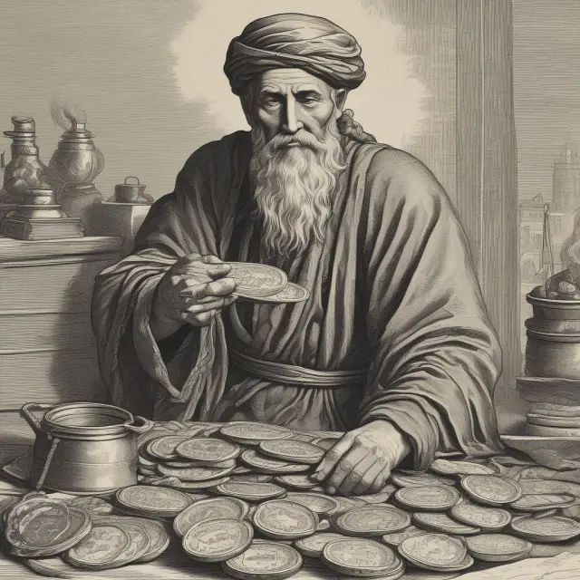 Ancient merchant exchanging gold coins with a factoring entity for instant cash, symbolizing alternative financing method