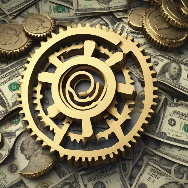 A golden gear with dollars and cents turning, illustrating an efficient working capital turnover ratio