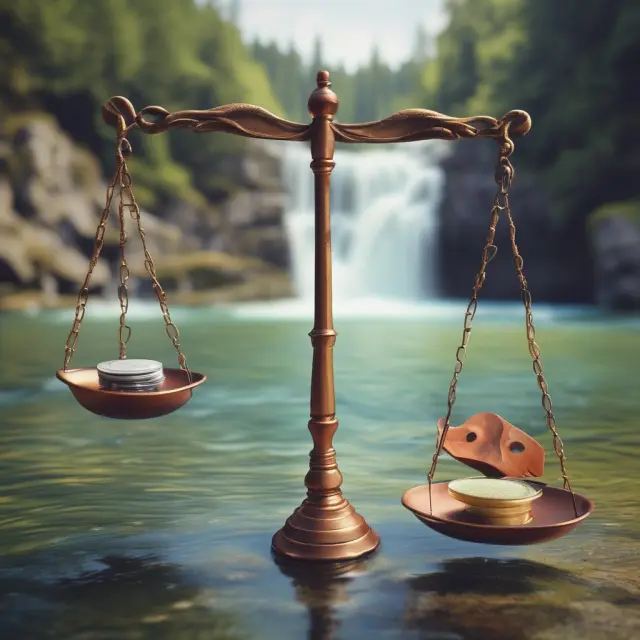 Balance scale illustrating working ratio, with revenue as a river flowing towards operating costs