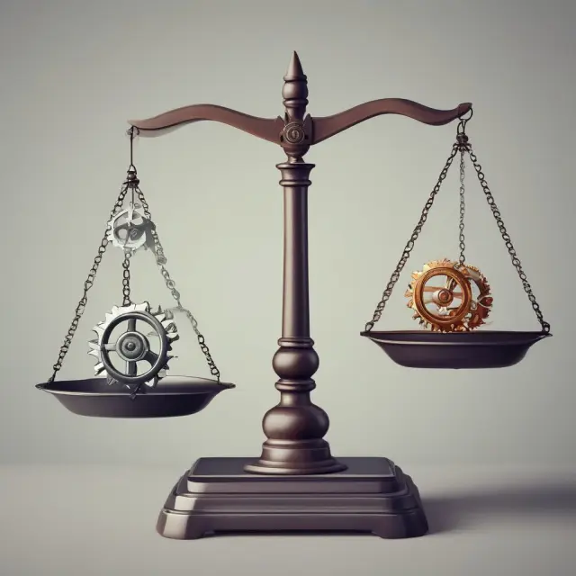 Balance scales with interconnected gears represent the intricacies and nuances of working ratio analysis.