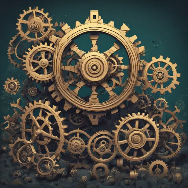 An assemblage of interconnected gears atop a tranquil sea, symbolizing the efficient working ratio