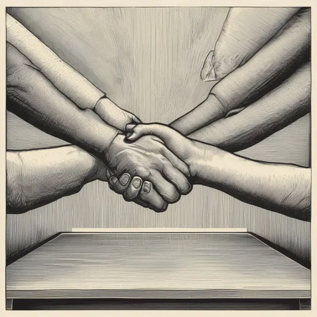 Two hands sharing a victory grip over a table, representing the mutually beneficial nature of workout agreements.