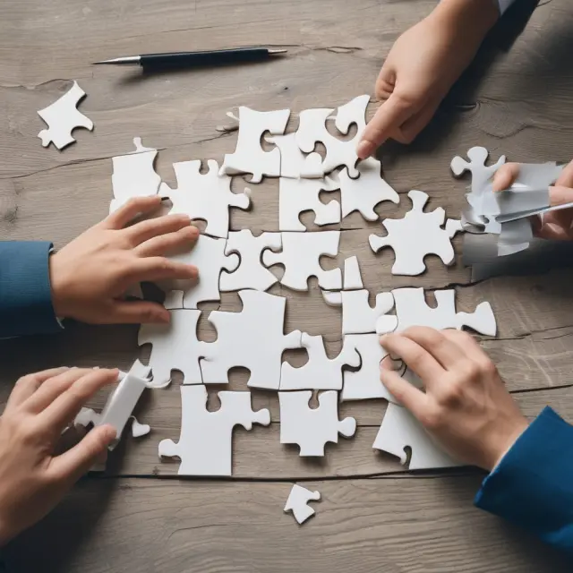Two figures, a borrower and a lender, working together on a puzzle, representing a workout agreement for loan restructuring