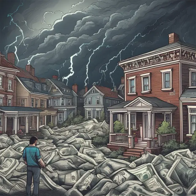 Scene of a turbulent financial storm, borrowers rowing through waves while lenders evaluate potential recovery value from their loans