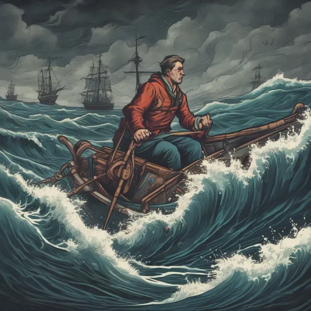 An investor navigating a stormy sea, represented by prolonged workout periods, using quantitative analysis tools to navigate and profit.