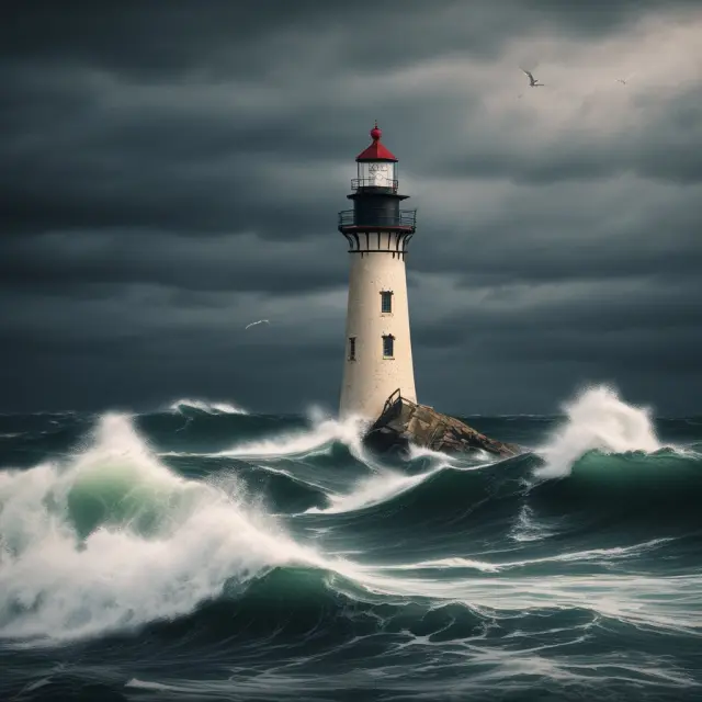 An institutional investor bravely steering a ship during a workout period storm, guided by a lighthouse (credit rating agency) to seize arbitrage opportunities