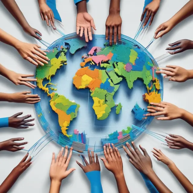 A global hand weaves interconnected networks of various sector puzzle pieces, symbolizing the World Bank Group