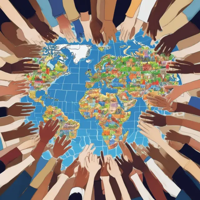 A diverse group of hands assembling a world bank jigsaw puzzle, illustrating the organization