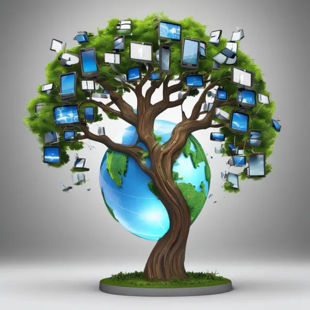 An image of a tree growing from a globe, with each leaf shaped like a modern device, symbolizing the World Bank Group