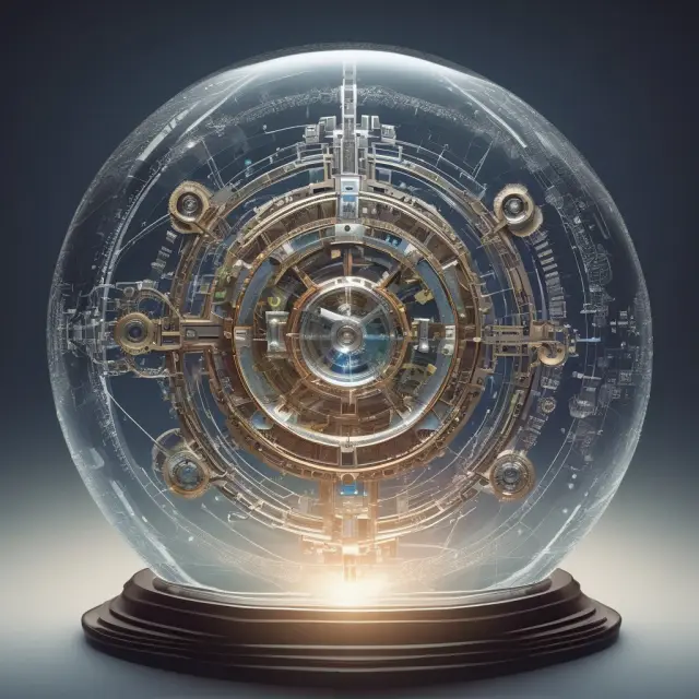 A crystal ball filled with interconnected gears and circuits, symbolizing the World Economic Forum
