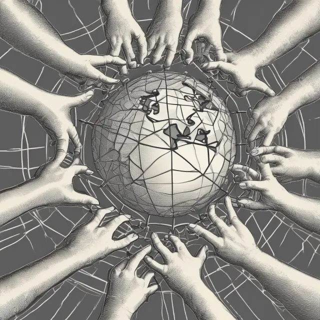 Image of the globe connected by interlocking hands, representing stakeholder engagement and international cooperation on environmental and social issues
