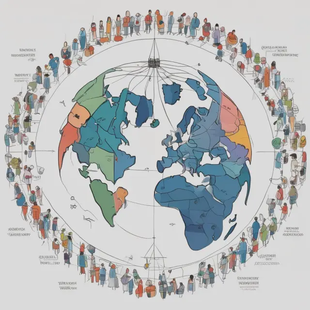 An intricately detailed globe with various countries connected by a WEF bridge, symbolizing global collaboration.