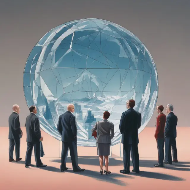 An image of Klaus Schwab holding a crystal ball, surrounded by a globe and economic graphs, symbolizing the World Economic Forum