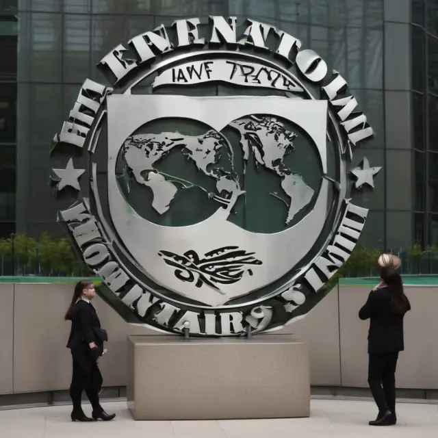 An IMF analyst holding a crystal ball, showing global economy data and trends