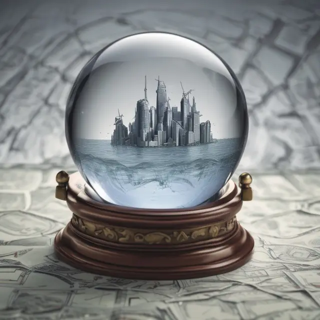 An old sage holds a crystal ball depicting international economic indicators and trends