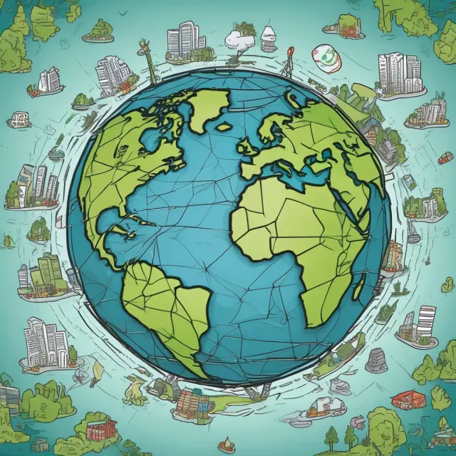 A global economy map evolving into a sustainable one, with interconnected sectors adopting eco-friendly practices and policies