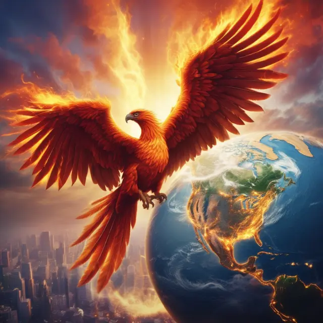 A mythical phoenix rises from flames, surrounded by continents and businesses, illustrating the power of world insurance in global business resilience