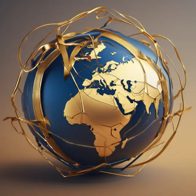 Global businesses shielded by an umbrella symbolizing World Insurance, connected by golden ribbons