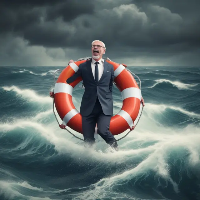A businessman bravely navigating stormy seas holds onto a life preserver inscribed with