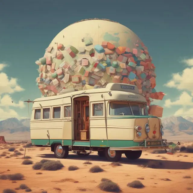 A vintage caravan carrying goods travels across international borders, with a foreign business auto insurance policy safeguarding the journey