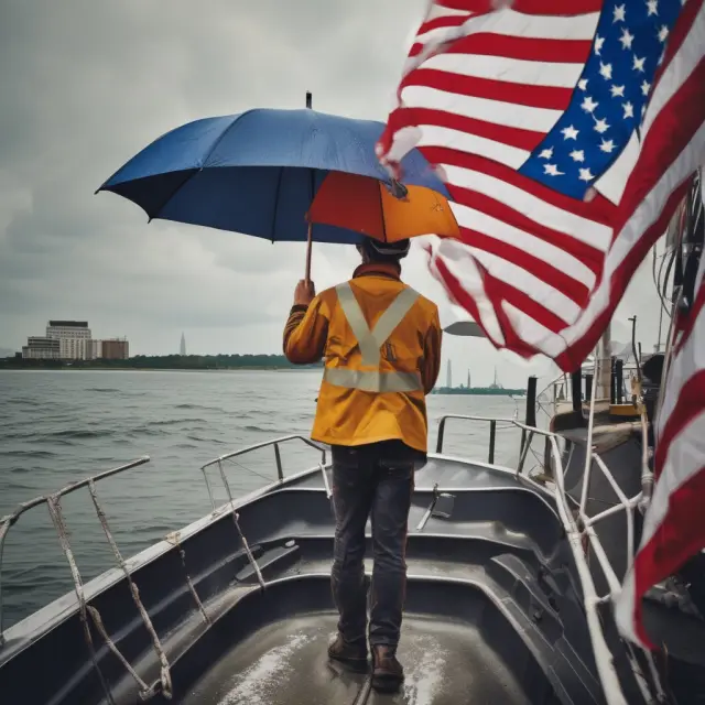 A U.S. worker embarks on an international assignment, holding an umbrella and the American flag while boarding a boat, symbolizing insurance coverage for global operations