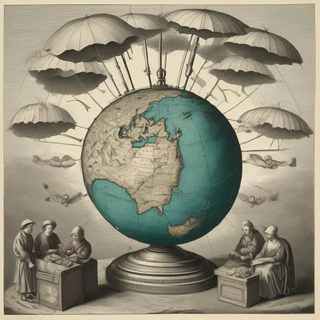 An image of a globe with moving goods and currencies, surrounded by an umbrella symbolizing foreign commercial property and business income insurance