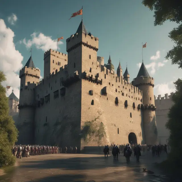 A strong castle with knights at the gates safeguarding against theft, embezzlement and forgery in international business.